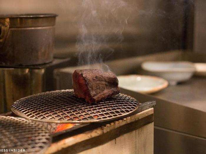 Chef Kimura did not reveal much about the way his Wagyu steak is prepared. But we know he cooks the steaks over a hibachi — a traditional Japanese stove heated by charcoal.