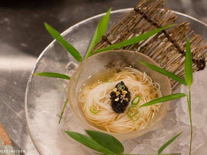 Chef Kimura and his sous-chef, who comes from a French cuisine background, present each dish — like these sōmen noodles topped with caviar — simply and tastefully.