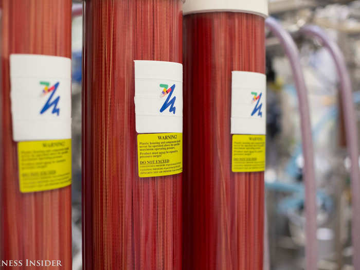 The mixture gets filtered through these tubes to remove the yeast and water and concentrate the heme. The process takes about a week from start to finish.