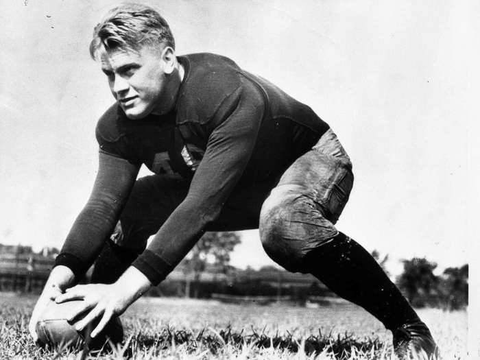 Gerald Ford on the University of Michigan football team, 1933. The team won two national championships and his teammates voted him MVP. A fellow football player remarked that his teammates "felt he was one guy who could stay and fight for a losing cause."