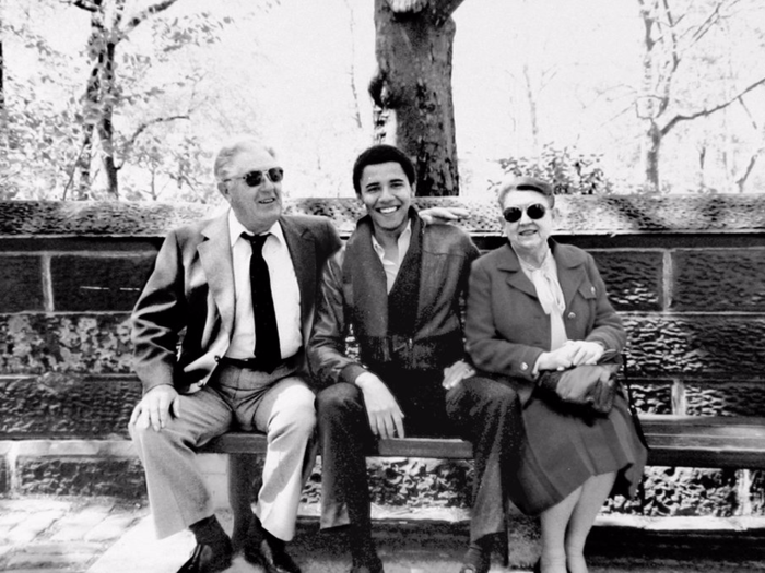 Barack Obama with his grandparents, Stanley Armour Dunham and Madelyn Dunham, in New York in the 1980s.