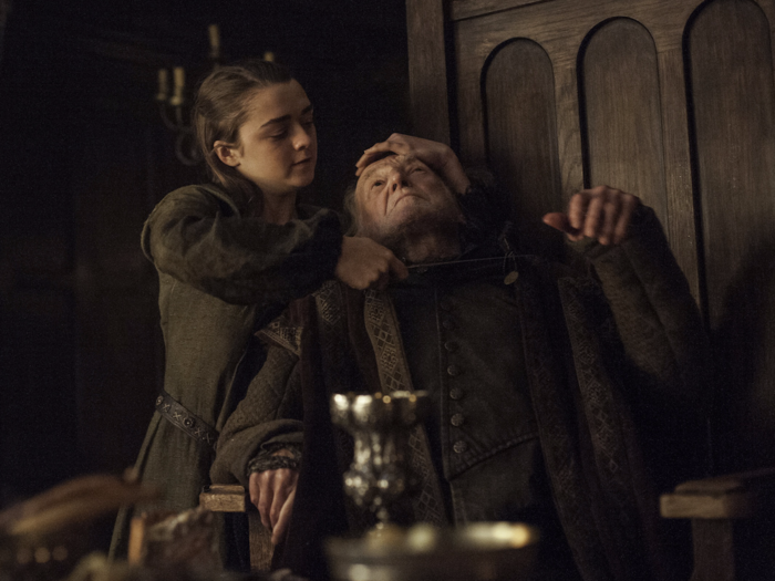 In the show in season two, Yoren gives Arya the idea of her death prayer, in which she recites the names of everyone she wants to kill. But the list is Arya’s own idea in "A Clash of Kings." She recites the names to remind herself to kill them one day.