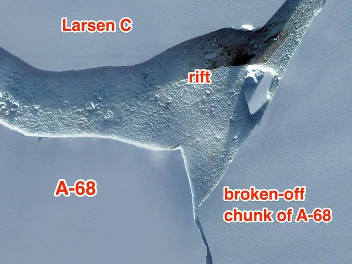 This image shows the point where Larsen C meets A-68 and a new broken-off chunk of the iceberg.