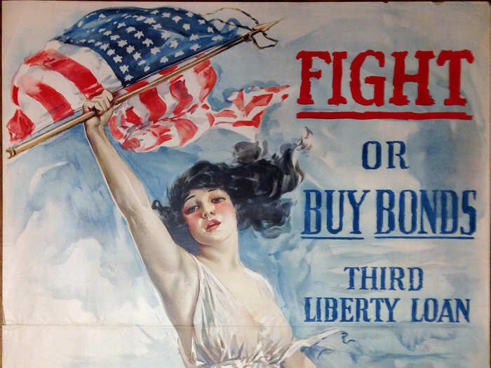 This 1917 poster by popular wartime illustrator Howard Chandler Christy encourages US citizens to support the war effort by enlisting or purchasing bonds.