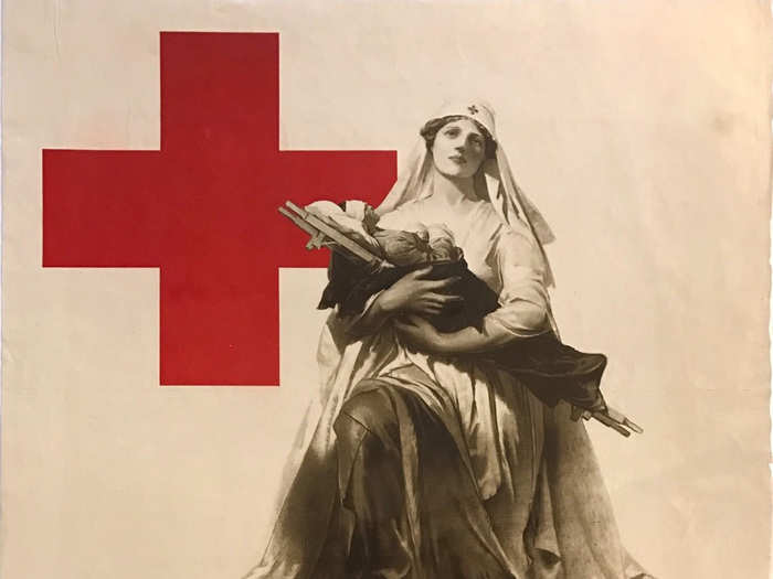 The Red Cross published this romantic 1917 WWI poster, which references Michaelangelo
