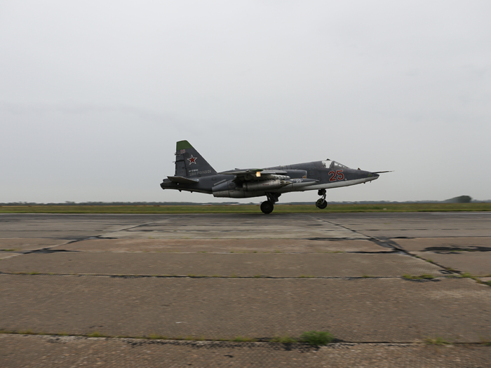 While the Su-25 weighs less than the A-10, it also has a much faster top speed, topping off at 600 mph. Below is a shot of it taking off.