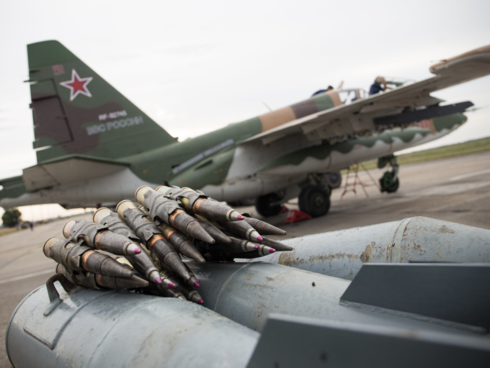 The Su-25 also has a Gsh-30-2 30mm gun holding 260 rounds mounted under the nose. Below is a shot of the 30mm GAU-8 cannon rounds.