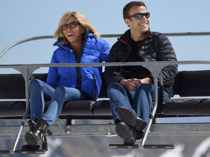 They also appear to be keen skiers. Here, the couple smiles for the cameras as they take a chairlift up to the mountaintop for a lunch break during a campaign visit to Bagneres-de-Bigorre, in the Pyrenees in Southwestern France.