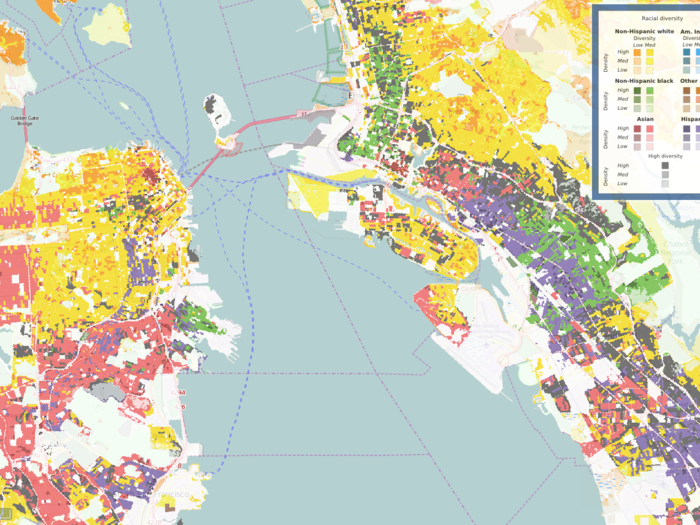 Oakland, California also displays a lot of gray splotches, signifying higher levels of racial diversity than San Francisco.