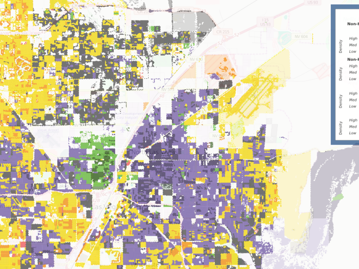 The map of Las Vegas and Paradise, Nevada also suggests that many of their neighborhoods have residents of multiple races.