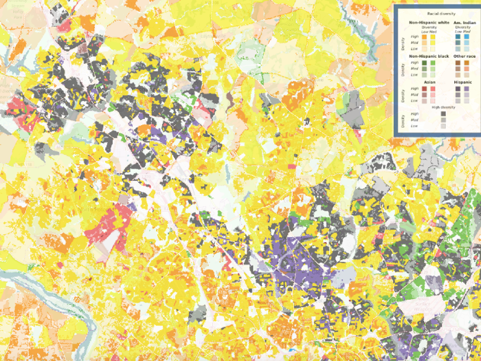 Gaithersburg, Maryland and other areas north of Washington, DC are fairly racially diverse, as indicated by the dark grey shading.