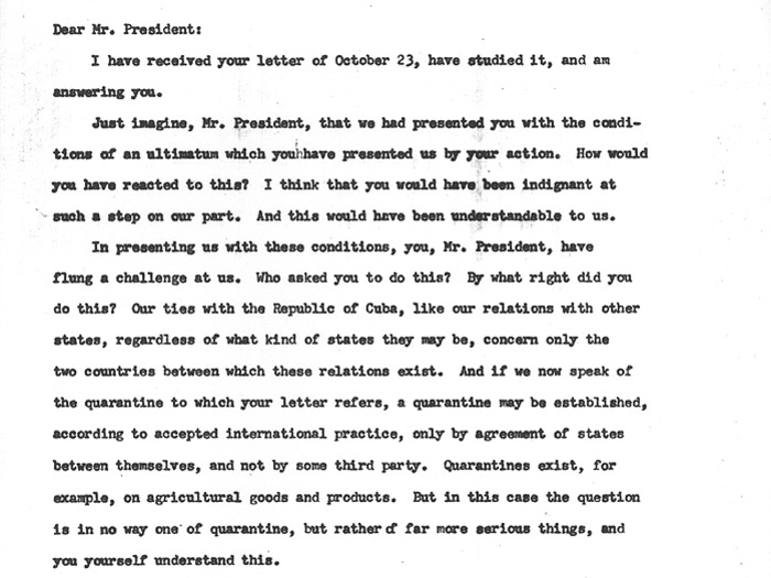 On Oct. 24, Khrushchev issued an angry rebuttal to Kennedy’s letter