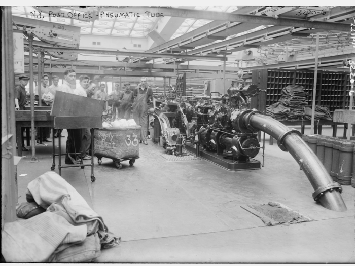 By the end of the 19th century, most major cities used pneumatic tube systems to transport mail and other messages. Some still exist today at banks, hospitals, and factories.