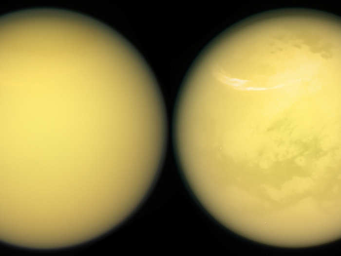 These two views of Titan show the new details about the moon