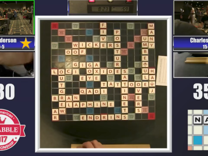 But elite players, with their superior word knowledge, play a much more open style, as evidenced in the board below.