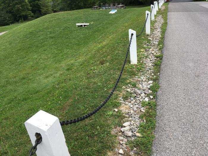 The chains the movie production company had installed for the movie still stand today. You can see them in the part of the movie when Baby, Johnny, and Billy go to find Penny.