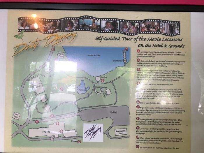 Next to the visitor parking lot, a small cabin is filled with newspaper clippings, memorabilia, and a guided map for "Dirty Dancing" fans to take a walking tour of the grounds.