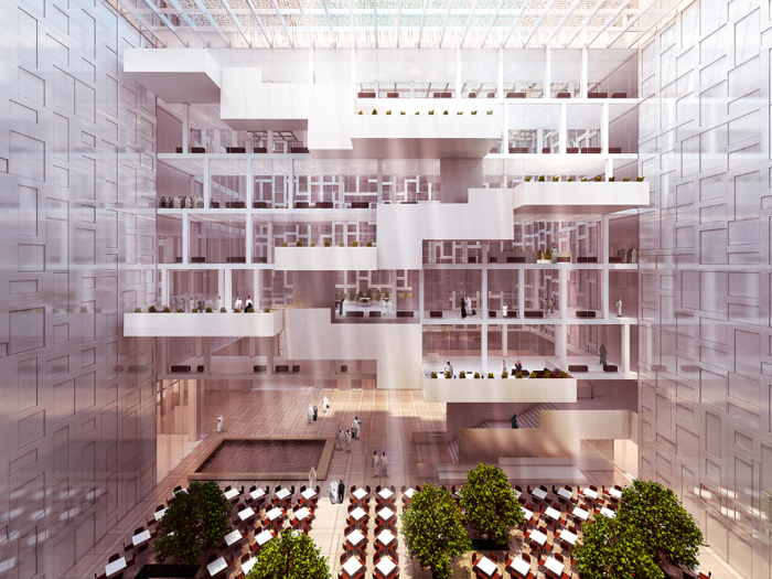 The interior could double as a game of Tetris, as students and faculty move about the multi-level building.