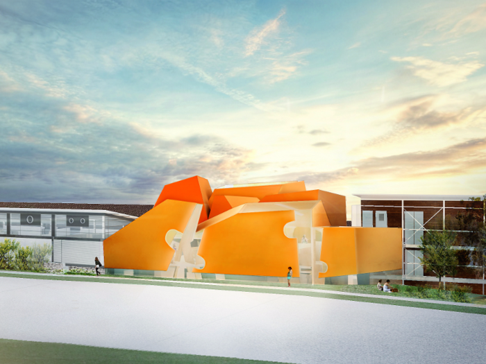 The Incubator Block for the Arts University Bournemouth, in Dorset, United Kingdom, features a freeform orange design on the exterior.