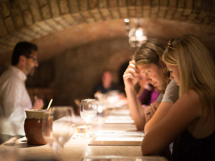 Each tour group is sequestered in a small cellar, where they enjoy a complimentary tasting of five current-release wines from Castello di Amorosa.