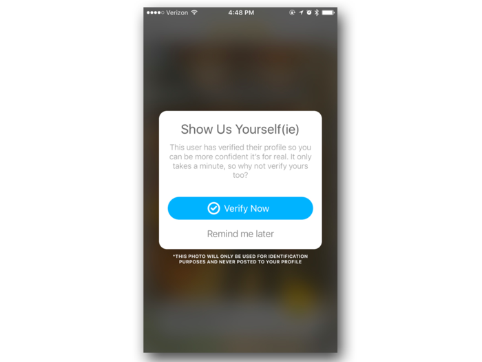 You can also verify your profile by snapping a quick selfie. This step is optional, but Bumble says selfies make it more obvious to other users that you