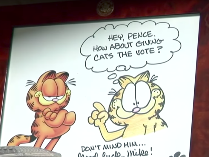 As a member of Congress, Pence featured a signed Garfield cartoon in his office. Garfield artist Jim Davis hails from Indiana.