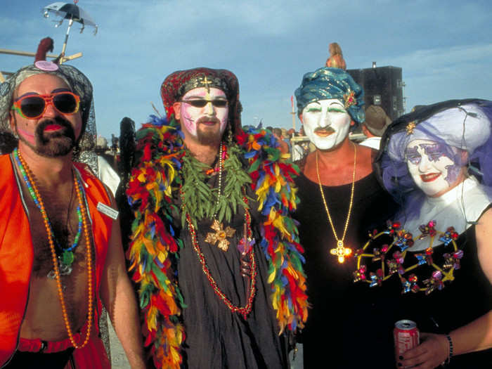 Drag was a trend at Burning Man in the 1990s. The group pictured below is from the San Francisco-based organization "Sisters of Perpetual Indulgence," which uses drag and religious symbols to raise money and awareness for LGBT causes.