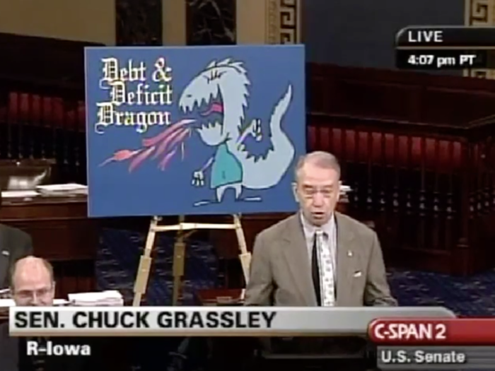 2. Sen. Chuck Grassley, an Iowa Republican, gained widespread notoriety for his "Debt & Deficit" fire-breathing dragon poster, which he used to illustrate the rising cost of healthcare during the debate over Obamacare in 2009.