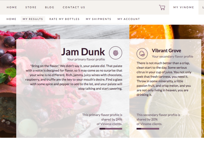 Once I logged on, my results were waiting for me. My profile told me that I had an affinity for "Jam Dunk" wines and my secondary flavor profile was toward "Vibrant Grove" flavors. In total, there are eight flavor profiles one could get.