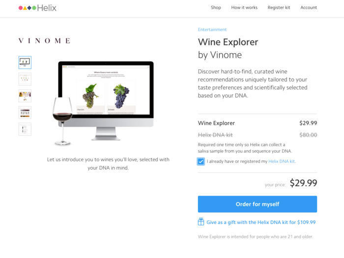 Because I had already done the DNA-testing-kit portion, the test was $29.99 instead of $109.99. An $80 charge is applied to all the tests that run on the Helix platform for first-time users to cover the cost of the sample collection.