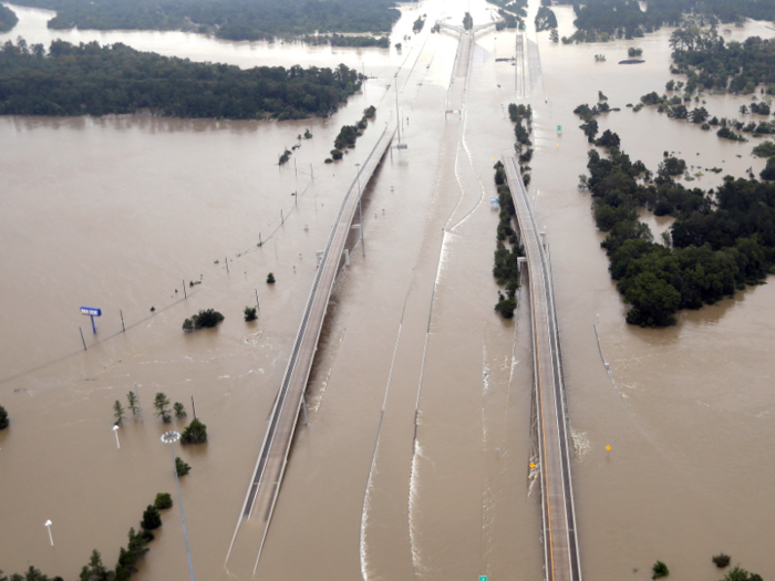 Interstate 69, which runs through Houston, was almost entirely submerged on Tuesday near Humble, Texas.