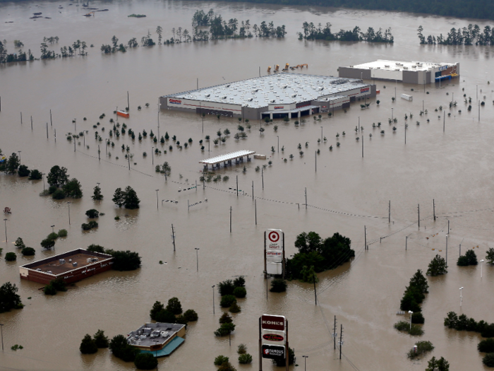 Water completely transformed streets and parking lots. In this shopping center in Humble, Texas, flooding left massive buildings including a Costco underwater.