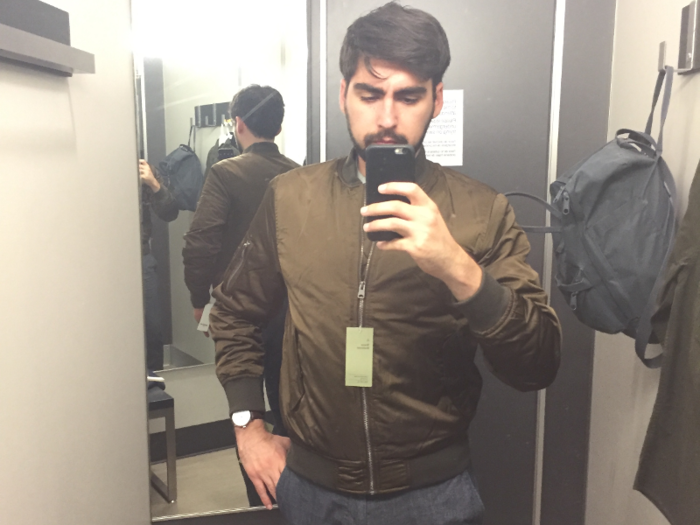 Everything I tried on was size small, my usual size. This bomber jacket was shockingly trendy, but it felt a bit small when I put it on — strange for a department store brand. I