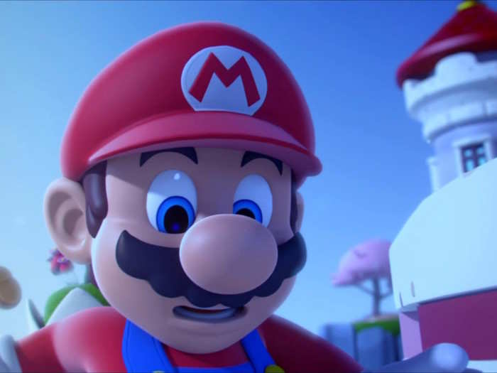 When the Rabbids do finally arrive in the Mushroom Kingdom, all hell is breaking loose. Whatever the Rabbids did is causing Mario to make this face: