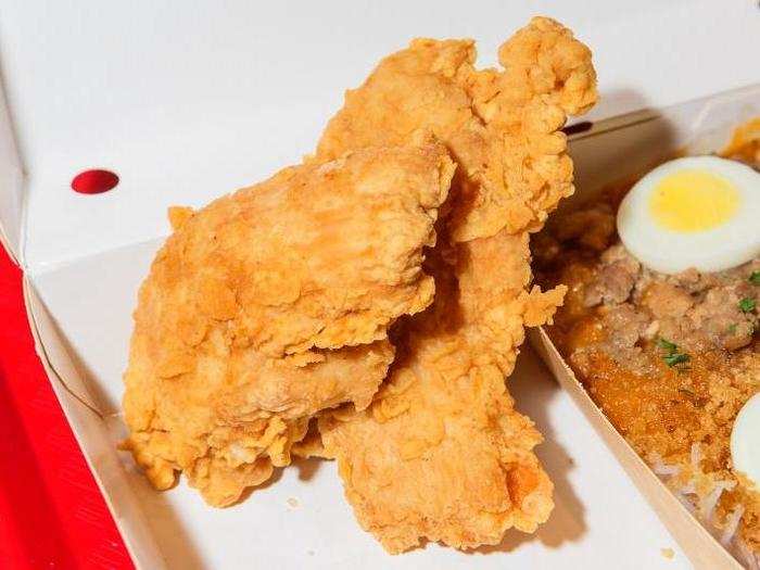 The chicken is available on the bone or in tender form, though Jollibee calls them "dippers." As with the chicken on the bone, the chicken itself is of good quality, but more crunch and pep are needed.