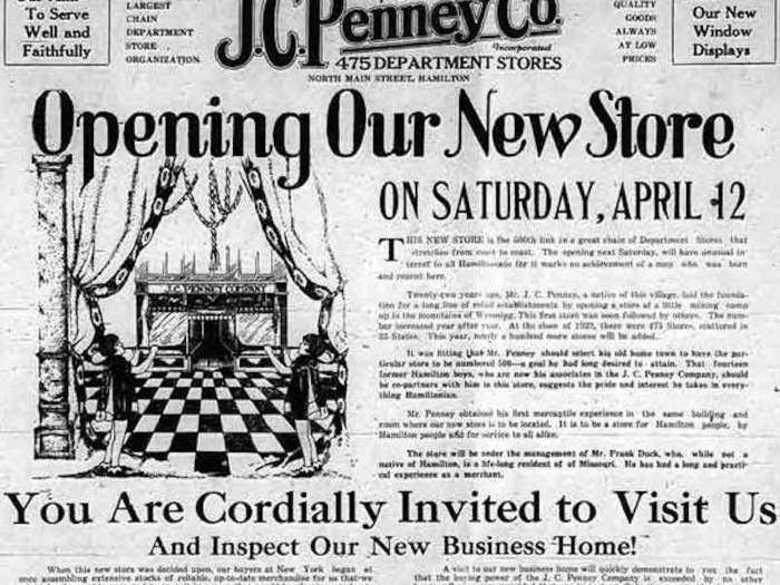 By 1941, JCPenney Co had expanded to 1,600 stores in 48 states (all except Hawaii and Alaska). Most of the stores were in outdoor shopping centers.