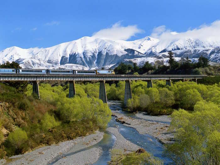 In New Zealand, the TranzAlpine lets riders take in the epic vistas and awe-inspiring plains between Christchurch and Greymouth. It covers 139 miles in just under five hours.