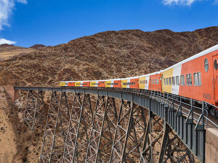 The Train to the Clouds follows zig-zag tracks across the rugged Andes on its way from Salta, Argentina, to the Chilean border. It