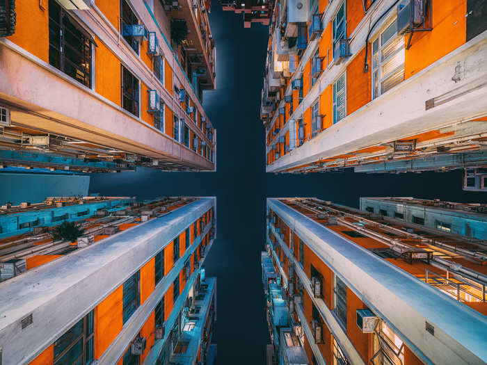 Stewart photographed the building at different exposures so, when the images were combined, the night sky showed brightly and the windows weren