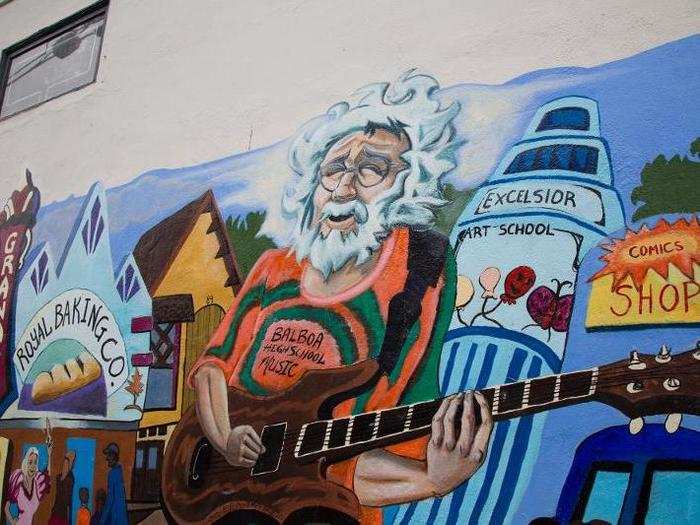 A mural on Mission Street celebrates the life of Jerry Garcia, lead guitarist of The Grateful Dead and a native of Excelsior. His former homes are marked with plaques in his honor.