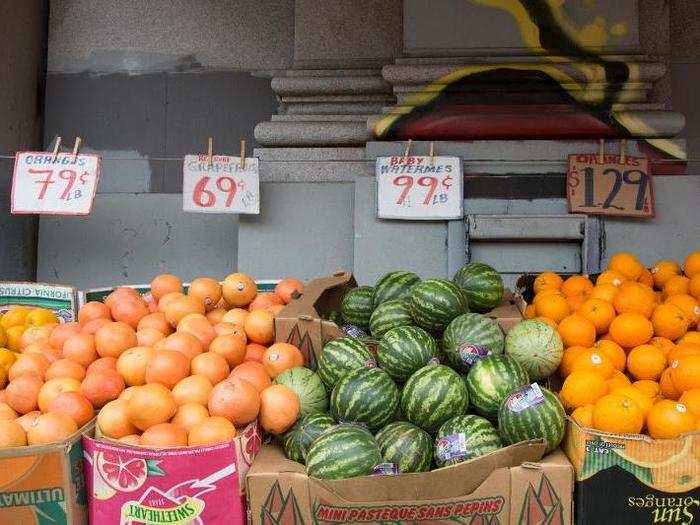 Markets along Mission Street sell fruit and vegetables at bargain prices.