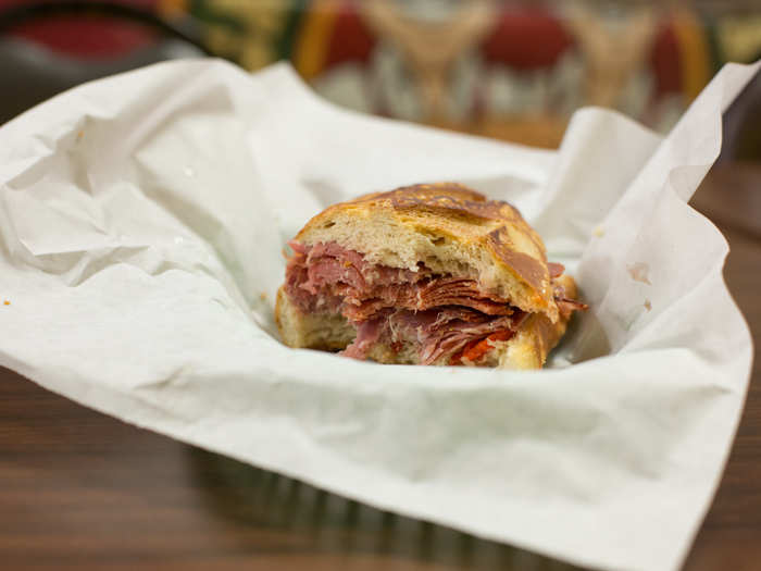 I tried the Jake, a combination of hot capocollo, salami, prosciutto, sopressata, mozzarella, oil, and vinegar on a sour roll. It cost $12.75 and provided me with food for two meals.