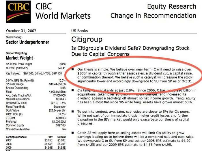 OCTOBER 31, 2007: Meredith Whitney says Citigroup will have to cut its dividend. Later, the firm does.