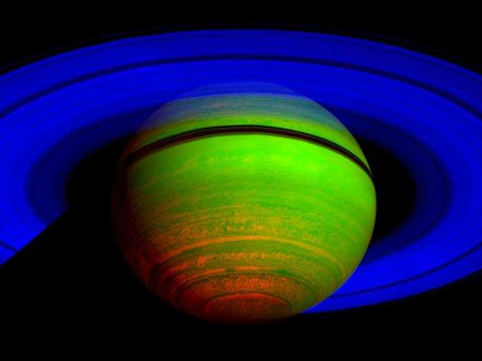 Near-infrared photos revealed Saturn in a whole different light. (This image is colorized to highlight different wavelengths.)