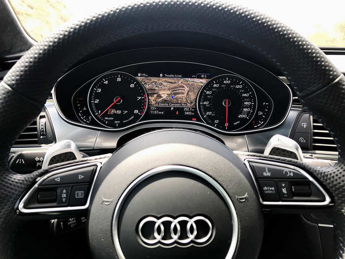 Power delivery is equally as smooth. The RS7 Performance seamlessly transitions from a docile highway cruiser to a vicious supercar when you switch into "dynamic" mode, using the drive-select button, seen on the steering wheel.