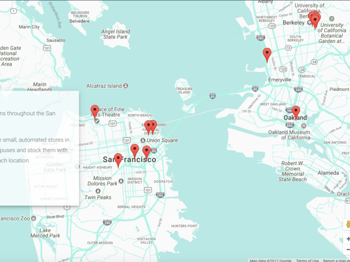 Bodega listed 30 locations in the San Francisco Bay Area on its website, a few of which are in easy walking distance of the Business Insider office in San Francisco