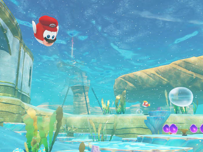 In the beach area — "Bubblaine," in the Seaside Kingdom — one puzzle involved Mario being underwater for a significant amount of time. But Mario has limited air underwater. What to do? BECOME A FISH.