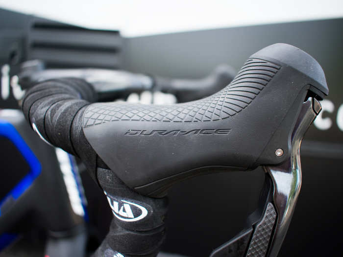 The grippy Dura-Ace hoods are nice and long, so you can easily fit your whole hand on them comfortably.