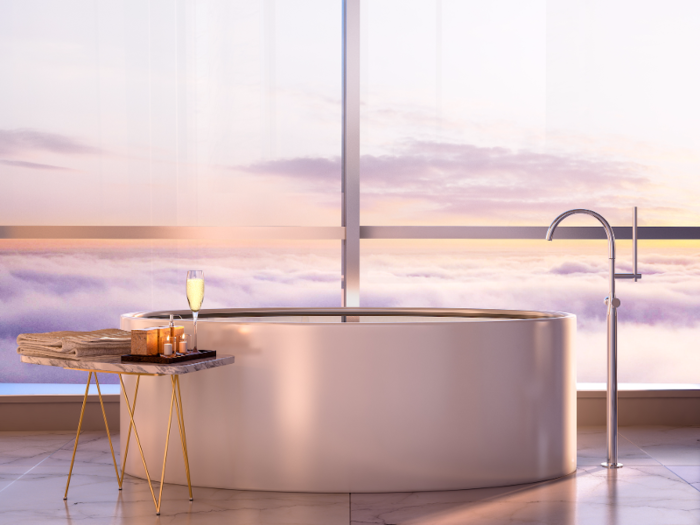 A rendering of a soaking tub in the master bath shows the view from above the clouds.