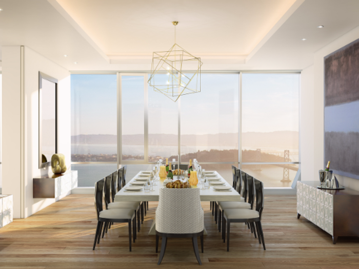 The penthouse has a family room, two powder rooms, a breakfast nook, and a grand dining room. The kitchen features a sub-zero refrigerator and freezer, two dishwashers, double ovens, and countertops made of three-centimeter-thick slabs of Brazilian quartzite.